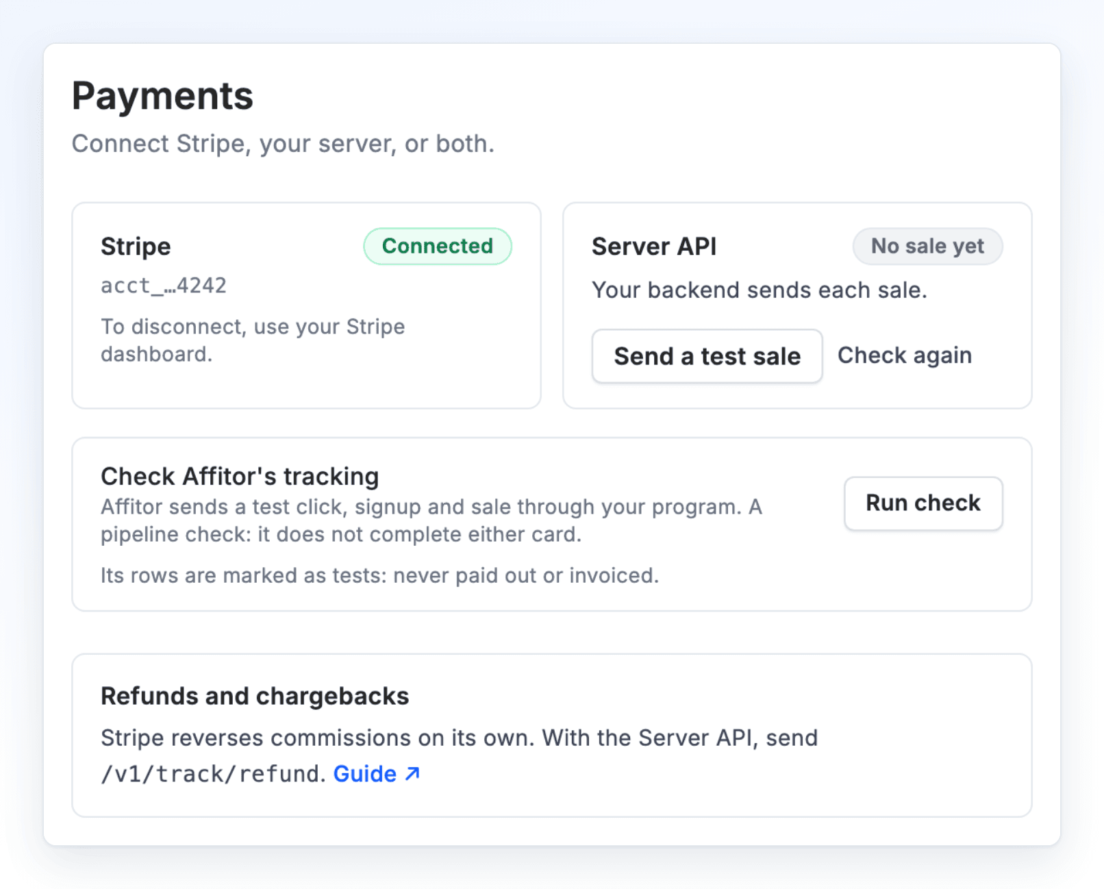 Payments after connecting: the Stripe card says Connected and shows the account ID, with a note to disconnect from the Stripe dashboard. A Check Affitor's tracking card now appears below.