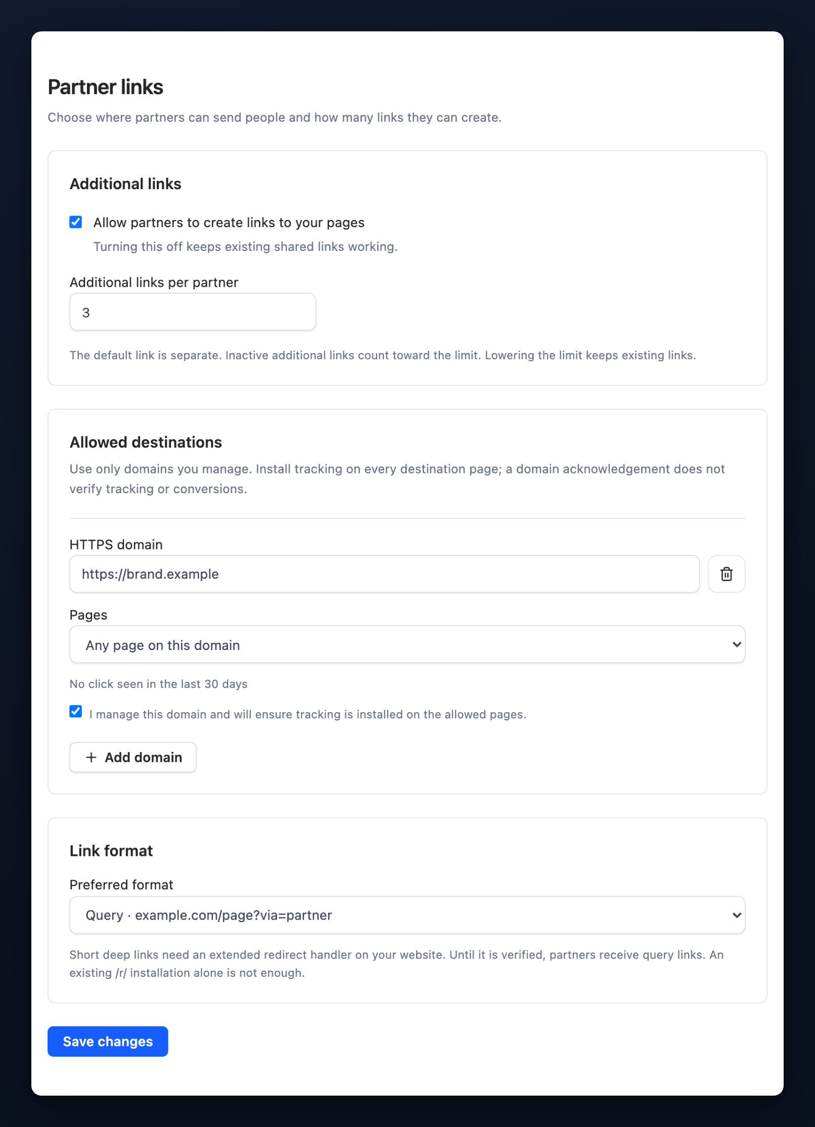 Partner links settings with allowed destinations and a per-partner link limit